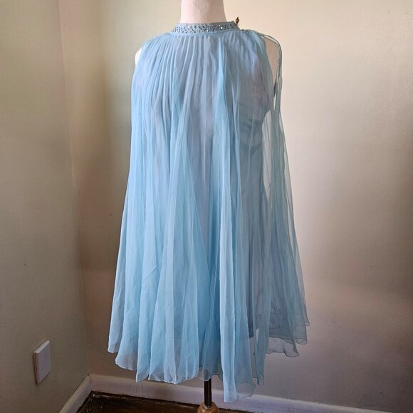 Vintage 70s Carroll's Blue Chiffon Pleated Babydoll Tent Trapeeze Mini Dress S - Picture 3 of 11